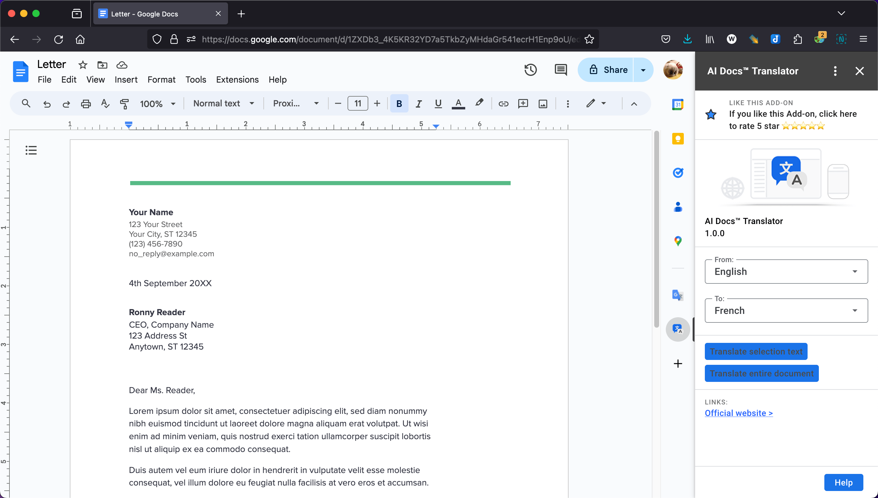 AI Docs Translator main interface in Google Docs