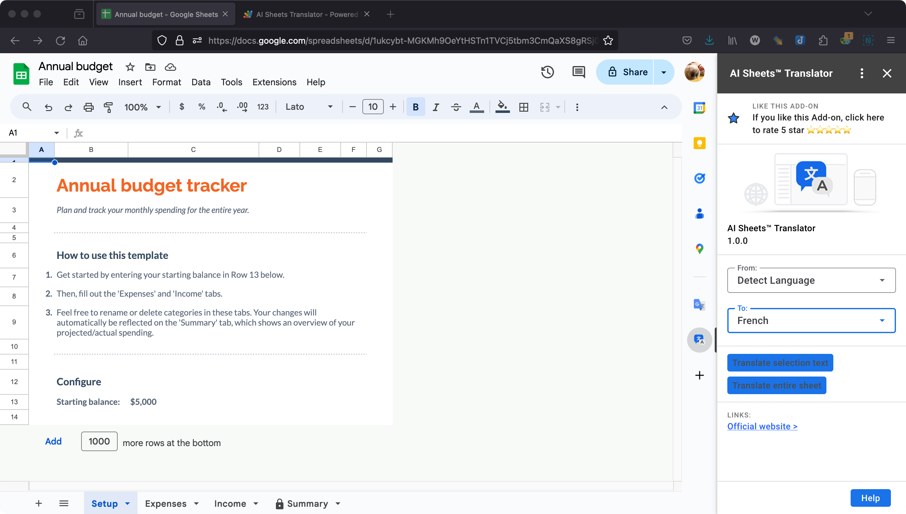 AI Sheets Translator main interface in Google Sheets