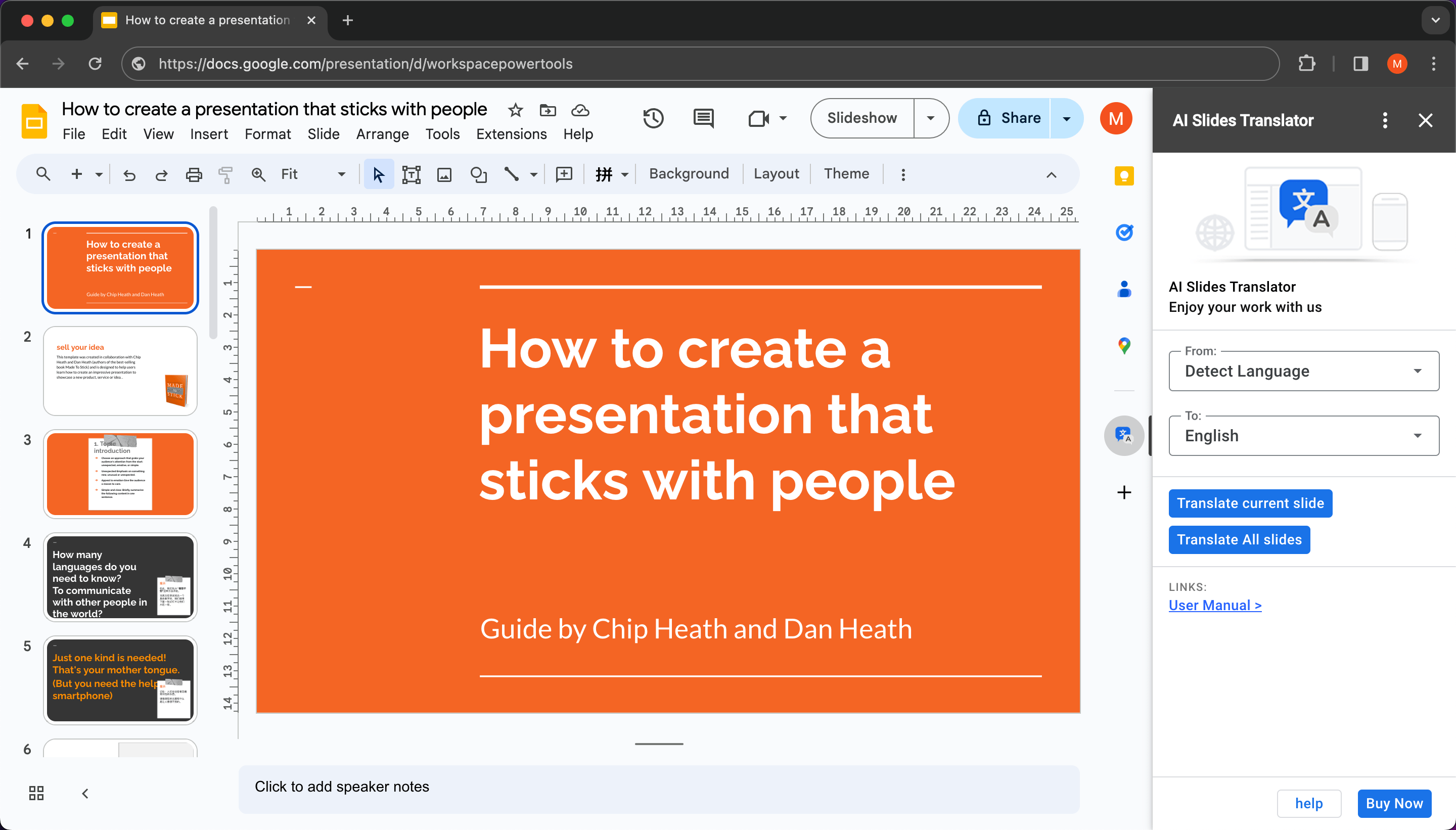 AI Slides Translator main interface in Google Slides