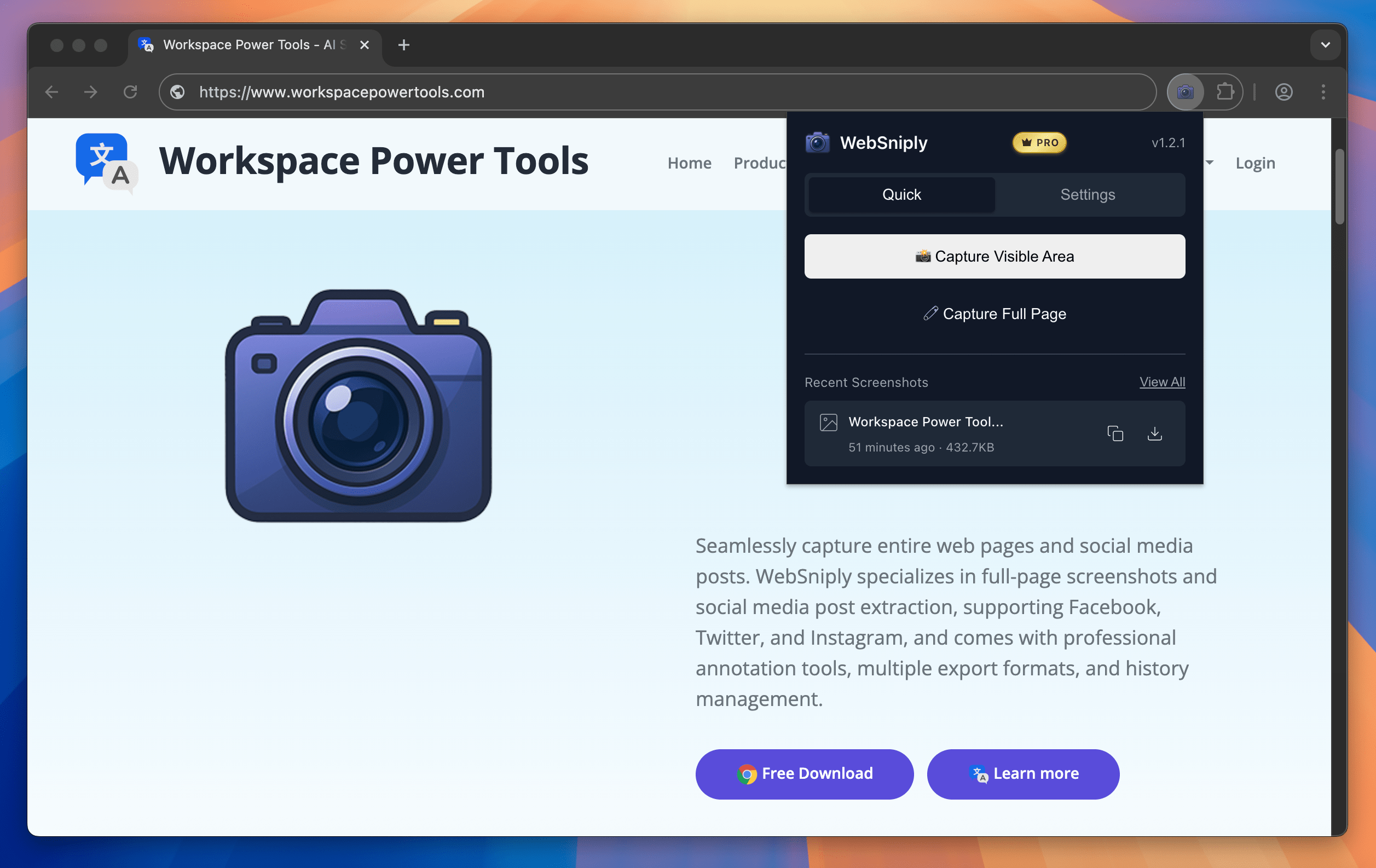 WebSniply main interface showing full-page screenshot capture
